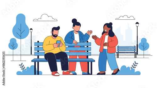 Modern vector illustration of diverse friends hanging out in city park, social connection, friendship, and urban modern lifestyle concept