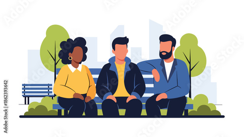 Modern vector illustration of diverse friends hanging out in city park, social connection, friendship, and urban modern lifestyle concept