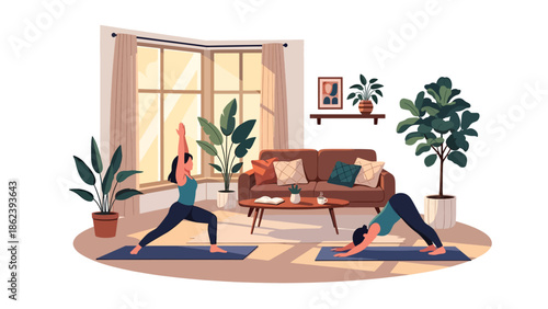 Modern vector illustration of person practicing yoga at home with plants, wellness, mindfulness, healthy habits, and balanced modern lifestyle concept