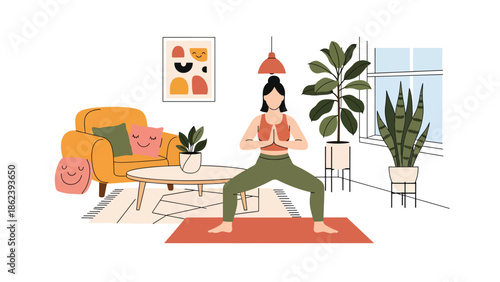 Modern vector illustration of person practicing yoga at home with plants, wellness, mindfulness, healthy habits, and balanced modern lifestyle concept