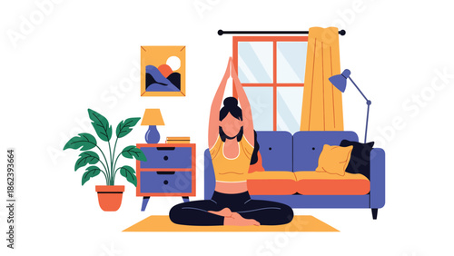 Modern vector illustration of person practicing yoga at home with plants, wellness, mindfulness, healthy habits, and balanced modern lifestyle concept