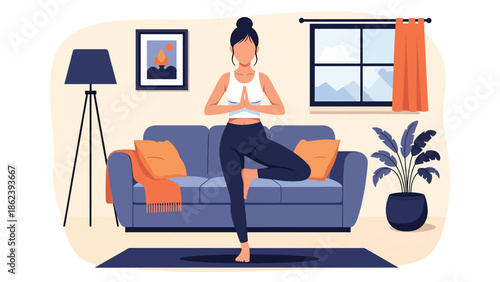 Modern vector illustration of person practicing yoga at home with plants, wellness, mindfulness, healthy habits, and balanced modern lifestyle concept