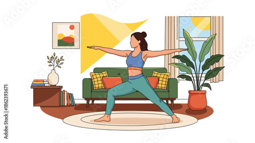 Modern vector illustration of person practicing yoga at home with plants, wellness, mindfulness, healthy habits, and balanced modern lifestyle concept