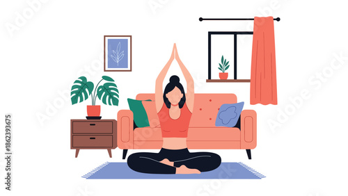 Modern vector illustration of person practicing yoga at home with plants, wellness, mindfulness, healthy habits, and balanced modern lifestyle concept