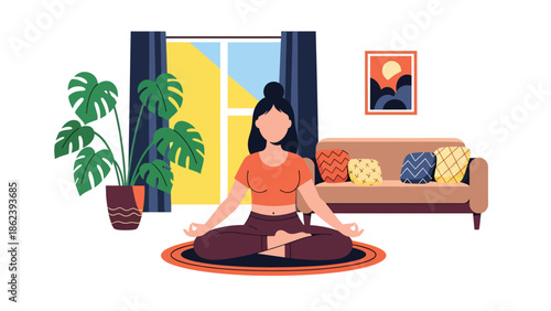 Modern vector illustration of person practicing yoga at home with plants, wellness, mindfulness, healthy habits, and balanced modern lifestyle concept