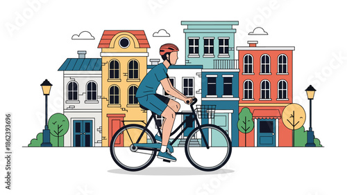 Modern vector illustration of young adult cycling through city street, sustainable transport, active urban living, and modern lifestyle concept
