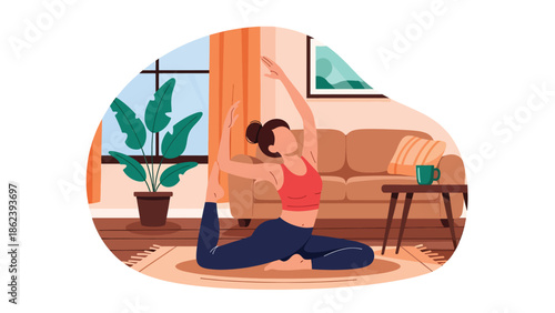 Modern vector illustration of person practicing yoga at home with plants, wellness, mindfulness, healthy habits, and balanced modern lifestyle concept