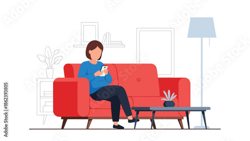 Modern vector illustration of person using smartphone on couch at home, digital lifestyle, connectivity, relaxation, and modern everyday living concept