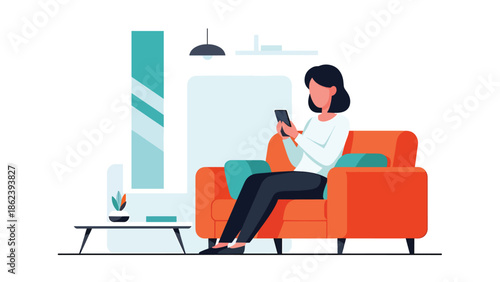 Modern vector illustration of person using smartphone on couch at home, digital lifestyle, connectivity, relaxation, and modern everyday living concept