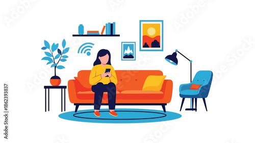 Modern vector illustration of person using smartphone on couch at home, digital lifestyle, connectivity, relaxation, and modern everyday living concept