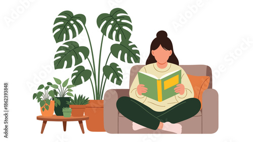 Modern vector illustration of person reading book in cozy corner with lamp and plants, calm leisure activity and modern lifestyle concept