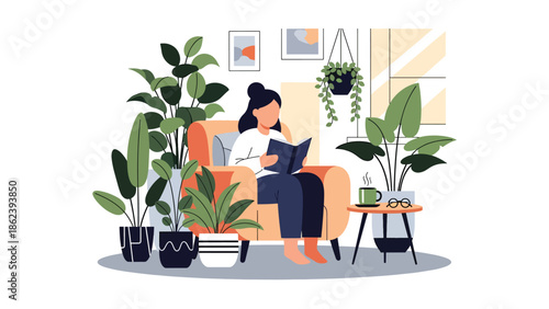 Modern vector illustration of person reading book in cozy corner with lamp and plants, calm leisure activity and modern lifestyle concept