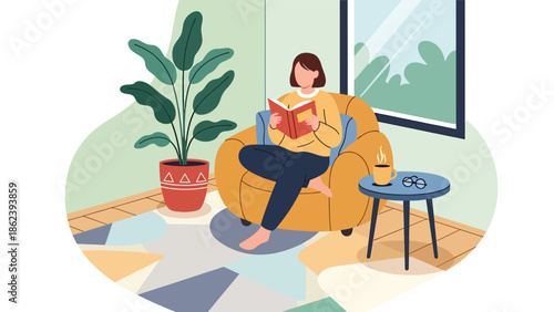 Modern vector illustration of person reading book in cozy corner with lamp and plants, calm leisure activity and modern lifestyle concept