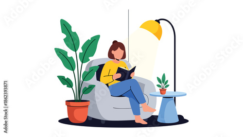 Modern vector illustration of person reading book in cozy corner with lamp and plants, calm leisure activity and modern lifestyle concept