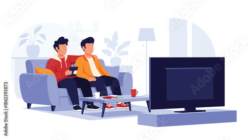 Modern vector illustration of friends watching movie together in living room, leisure entertainment, social bonding, and modern lifestyle concept