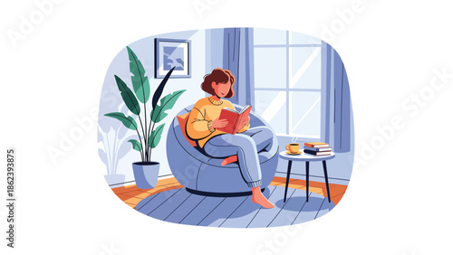 Modern vector illustration of person reading book in cozy corner with lamp and plants, calm leisure activity and modern lifestyle concept