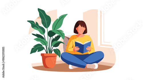 Modern vector illustration of person reading book in cozy corner with lamp and plants, calm leisure activity and modern lifestyle concept
