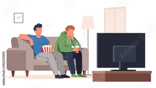 Modern vector illustration of friends watching movie together in living room, leisure entertainment, social bonding, and modern lifestyle concept