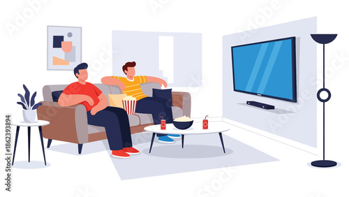 Modern vector illustration of friends watching movie together in living room, leisure entertainment, social bonding, and modern lifestyle concept