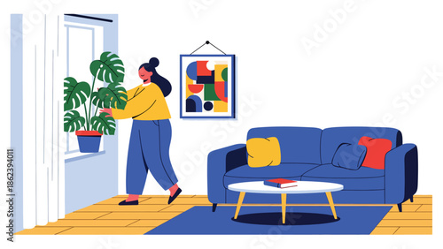 Modern vector illustration of person decorating apartment with plants and art, creative home styling and modern lifestyle concept