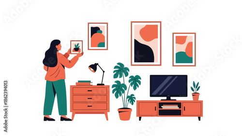 Modern vector illustration of person decorating apartment with plants and art, creative home styling and modern lifestyle concept