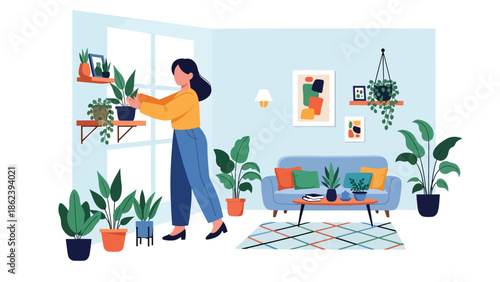 Modern vector illustration of person decorating apartment with plants and art, creative home styling and modern lifestyle concept