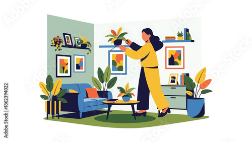 Modern vector illustration of person decorating apartment with plants and art, creative home styling and modern lifestyle concept