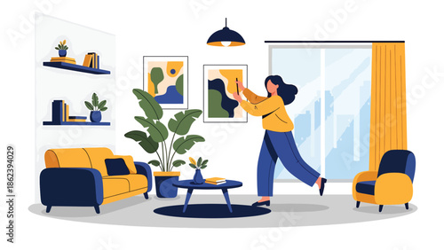 Modern vector illustration of person decorating apartment with plants and art, creative home styling and modern lifestyle concept