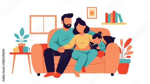 Modern vector illustration of family relaxing together on sofa, comfort, bonding time, and modern family lifestyle concept