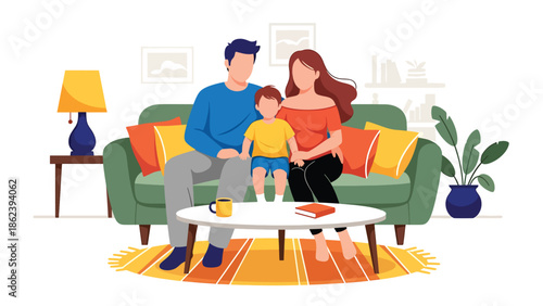 Modern vector illustration of family relaxing together on sofa, comfort, bonding time, and modern family lifestyle concept