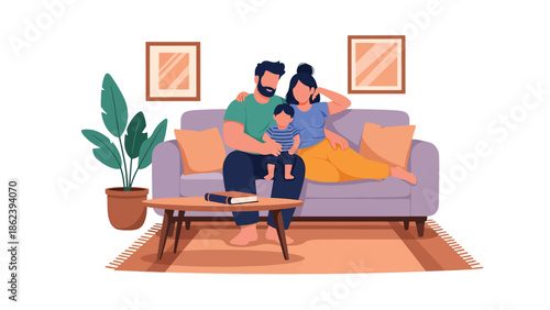 Modern vector illustration of family relaxing together on sofa, comfort, bonding time, and modern family lifestyle concept