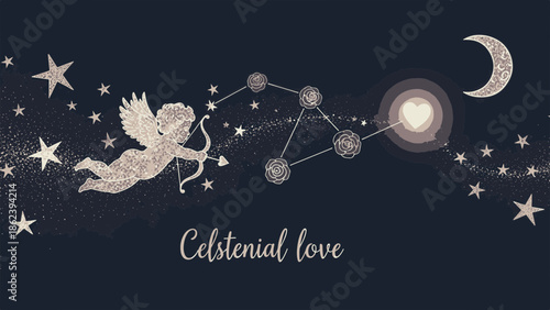 Whimsical celestial Cupid's arrow bringing cosmic love, a sparkling Valentine's night illustration