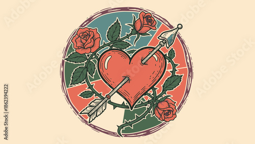 Expressive Valentine Love Heart Pierced by Arrow Amidst Roses and Thorny Vines Graphic