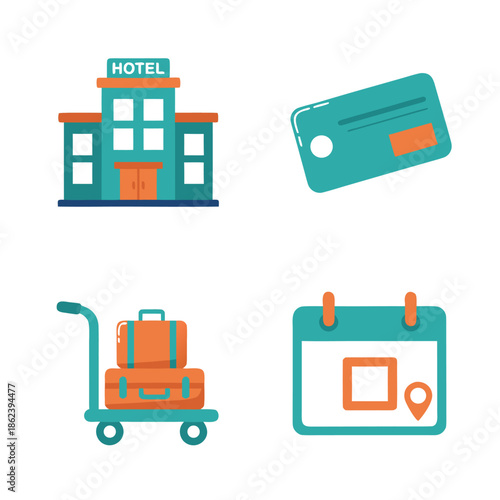 Hotel booking and travel icons.