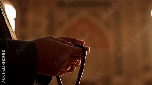 Spiritual Devotion with Prayer Beads at Dusk in Mosque