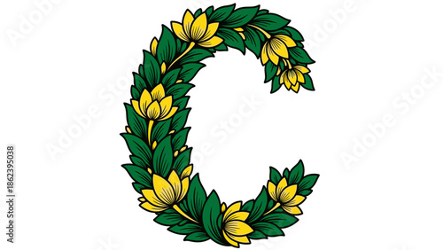 Letter C Formed by Floral Shapes — Duotone Ornamental Vector on White Background