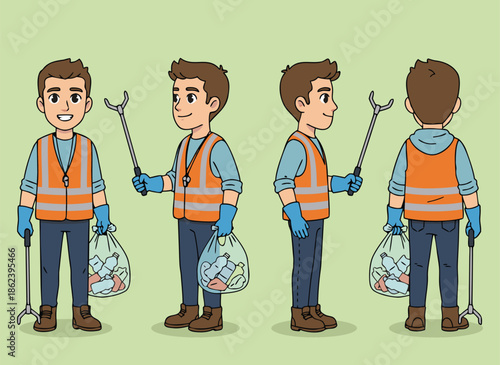 Man cleaning up litter with a grabber tool and bag.