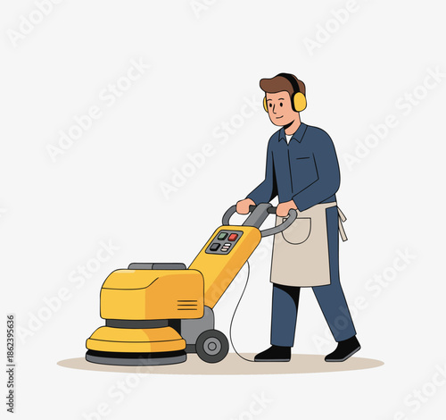 Man operating a floor polisher machine for cleaning and maintenance.