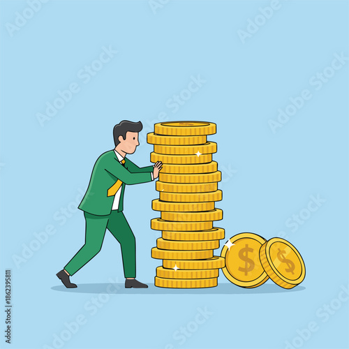 Man Pushing Stack of Gold Coins.