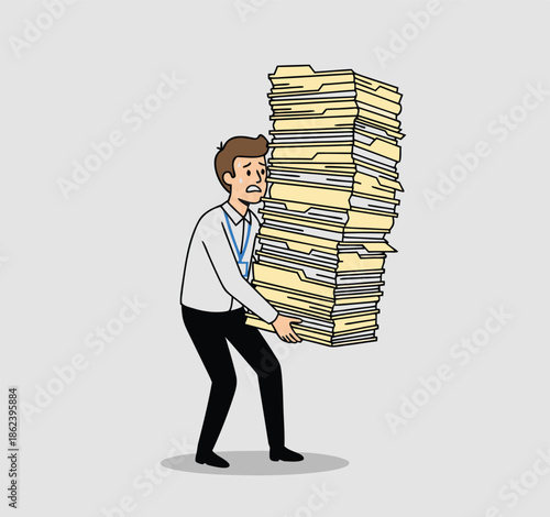 Man struggling to carry a huge stack of documents.