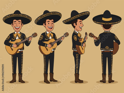 Mariachi Musicians Playing Guitars in Traditional Outfits.
