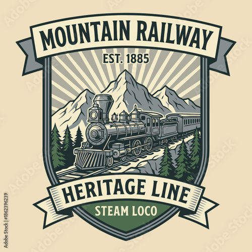 Mountain Railway Heritage Line Steam Loco Vintage Emblem.