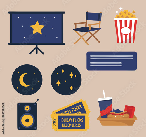 Movie Night Icons and Symbols Collection.
