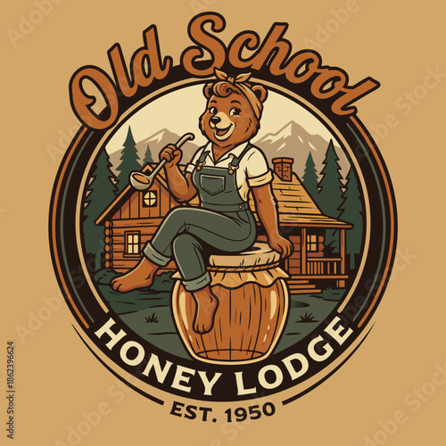 Old School Honey Lodge Bear Illustration.