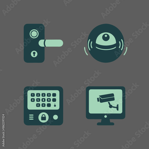 Security system icons including door lock, surveillance camera, keypad, and monitor.