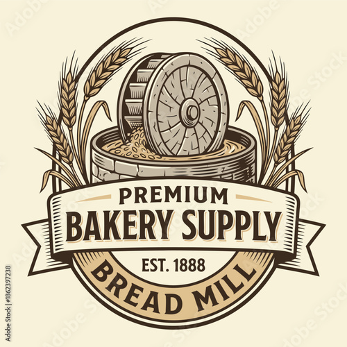 Premium Bakery Supply Bread Mill Vintage Logo.