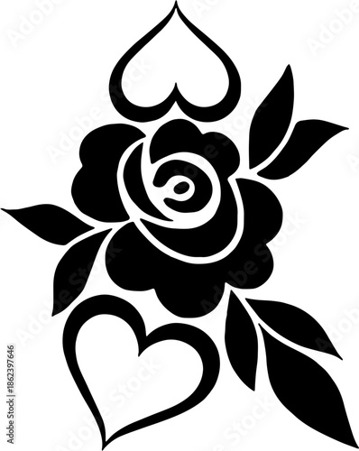 black and white rose and heart symbol