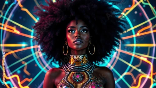 Vibrant afro fusion: woman in neon ethnic attire amidst abstract neon lights