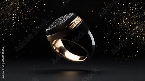Luxurious Gold and Black Ring with Diamonds Floating in Dark Space.