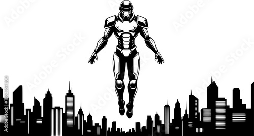 Futuristic guardian over metropolis minimalist monochrome vector
